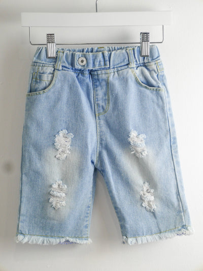 Distressed blue jean shorts