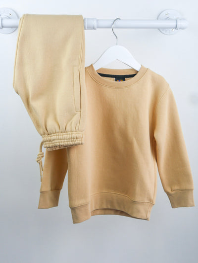 Beige crew neck sweat shirt and functional drawstring jogger pants