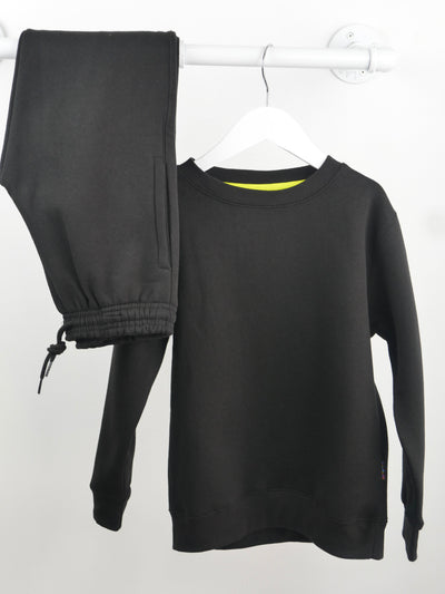 Black crewneck sweatshirt and jogger pants with functional drawstring waist