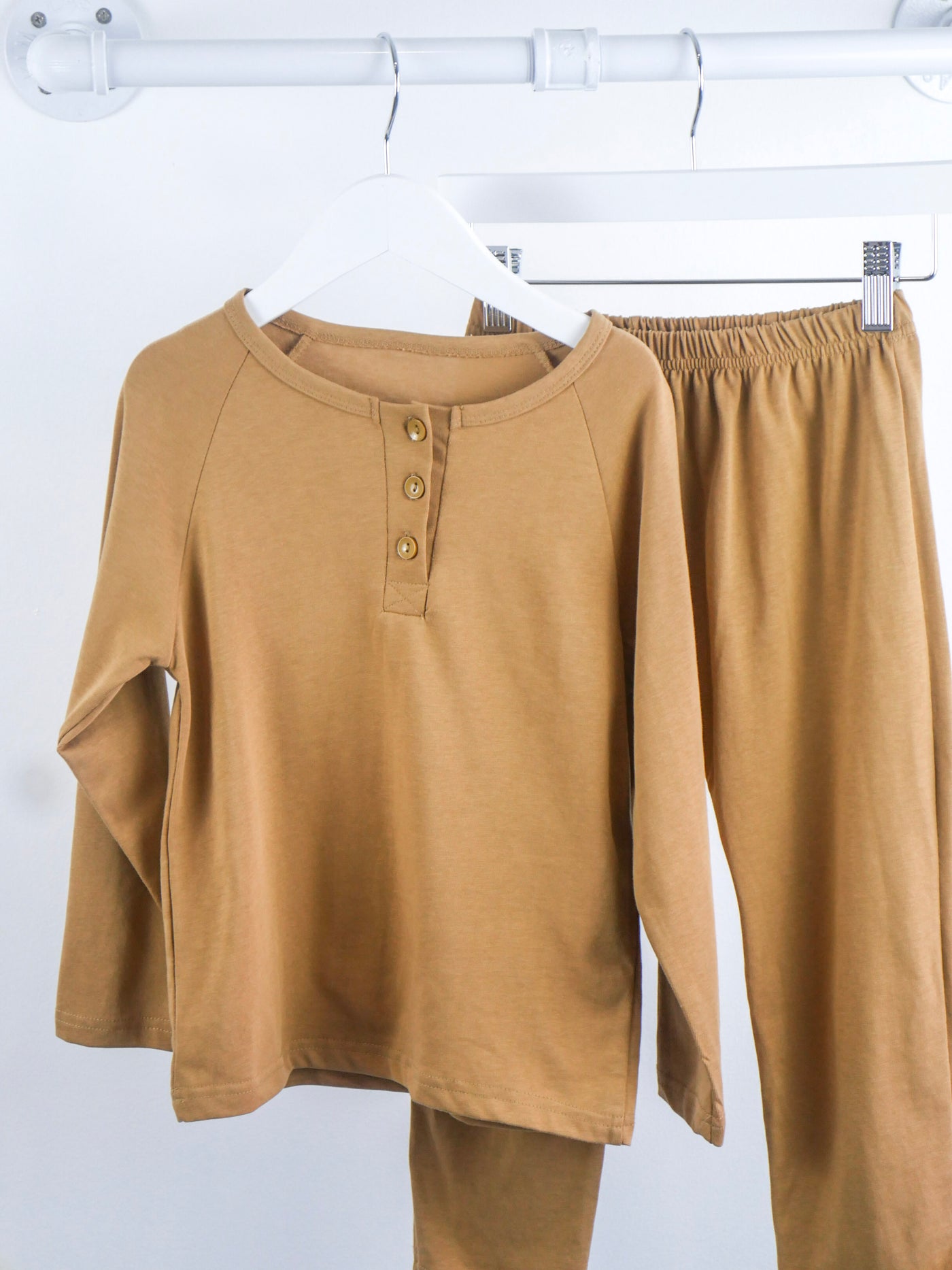 Carmel color long sleeve light weight shirt with matching pants with elastic waist