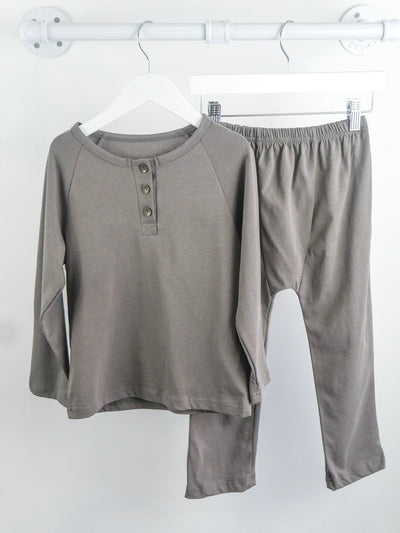 Slate Grey long sleeve light weight plain shirt and matching pants with elastic waist.
